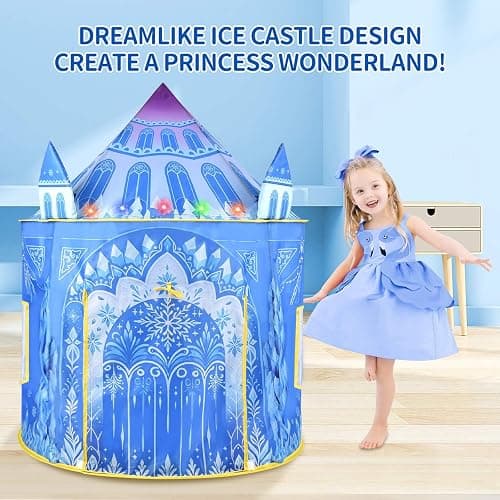 Amplov Princess Pop Up Play Tent, Frozen Toys for Girls, Large 53" x 41" Indoor/Outdoor Ice Castle Playhouse with LED Lights and Carrying Bag, Ideal Gift for Ages 3-9 thumbnail 2