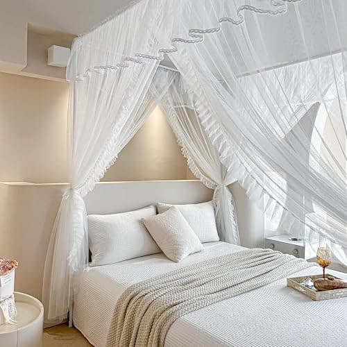 AIKASY 4 Corners Post Ruffle Princess Bed Canopy Curtain - Double Layer Cozy Drape Netting with 4 Openings - Elegant Mosquito Net for Girls and Adults Bedroom Decoration (White, Queen) thumbnail 7