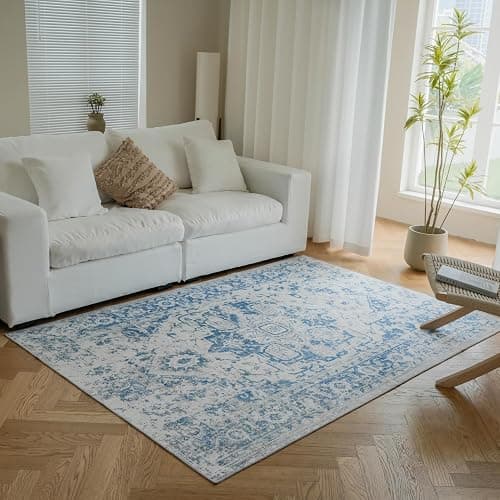 VIPBED 5x7 Area Rug, Washable Rug for Living Room Entryway Bedroom Kitchen, Vintage Medallion Carpet with Non-Slip Backing, Ultra-Thin Low Pile Boho Farmhouse Carpet for Home Decor, Blue thumbnail 3