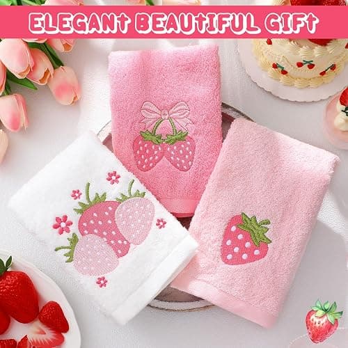 Tingjoo 3 Pcs Strawberry Hand Towels 14x29 Inch Spring Summer Bathroom Decor Farmhouse Pink Strawberry Cotton Embroidered Soft Absorbent Bathroom Decor Towels for Kitchen thumbnail 5