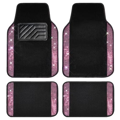 CAR PASS Bling Diamond Car Floor Mat Shining Rhinestones Carpet, Sparkly Glitter Crystal Anti-Slip PVC Heel Pad Automotive Universal Fit for SUV Sedan Car Van, 4pcs for Girl Cute Women, Black Pink - Image 1