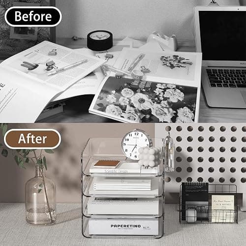 FANXIYQ 4-Tier Acrylic Paper Tray Organizer with Pen Holder | Clear Stackable Desk Organizer for Documents, Letters, A4 Paper | Modern Office/Classroom/Home Organization thumbnail 7