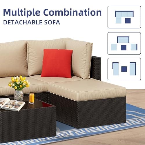 Vongrasig 5 Piece Patio Furniture Sets, Outdoor Patio Set Sectional Sofa, All-Weather PE Rattan Outdoor Couch with Ottoman, Glass Table for Garden, Backyard, Porch, Beige thumbnail 4