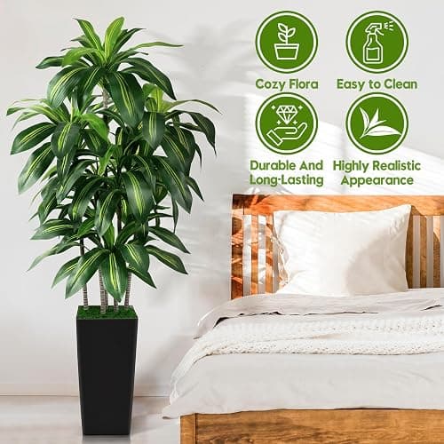 Artificial Dracaena Tree Indoor, 5FT Tall Fake Tree with Black Tall Planter, Artificial Trees Fake Yucca Potted Tree for Home Office Living Room Decor, Tall Artificial Plant for Housewarming thumbnail 8
