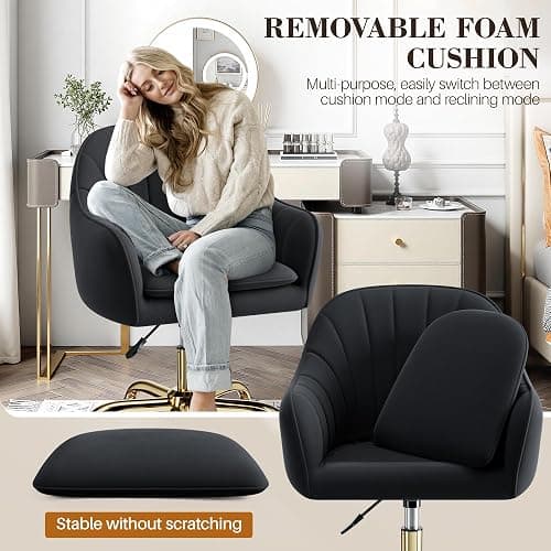 BestEra Vanity Chair with Wheels, Comfy Home Office Desk Chairs Adjustable Modern Velvet Makeup Vanity Chairs for Bedroom Living Room-Black thumbnail 8