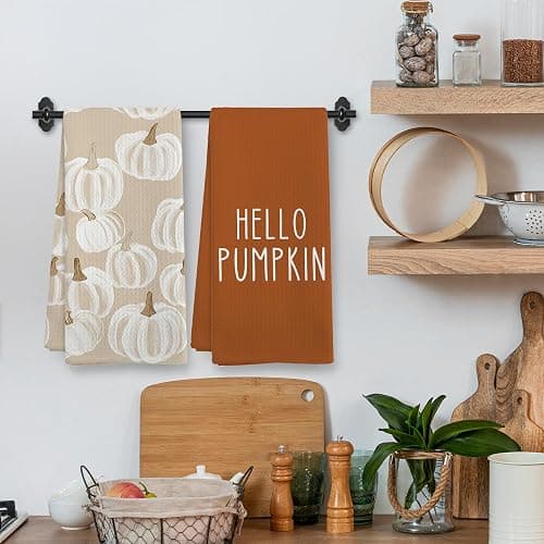 XNXLDYLH Fall Hello Pumpkin Kitchen Towels and Dishcloths Sets of 2, Fall Burnt Orange Beige White Pumpkin Decor Dish Hand Tea Towels Gifts for Bathroom Kitchen, Autumn Aesthetic Fall Decor, 16x24 in thumbnail 2