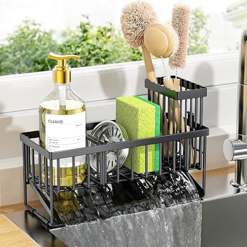 Cisily Kitchen Sink Caddy Organzier with High Brush Holder, Sponge Holder for Sink, 304 Rustproof Stainless, Kitchen Countertop Soap Dispenser Organizer, Kitchen Decor and Accessories (Black) - Image 1