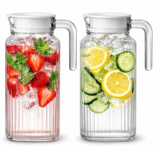 Glass Pitcher with Lid – 2 Pack 55 oz Glass Water Pitcher, Iced Tea Pitcher with Handle, Ribbed Juice Container for Fridge, Glass Beverage Container for Lemonade, Milk, Drinks - Image 1