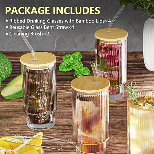 CWHHRN 16OZ Ribbed Glass Cups with Lids and Straws 4 Set, Vintage Glassware for Whiskey Cocktail Beer, Iced Coffee Cups with Lid, Glass Tumbler with Straw and Lid (4 PACK) thumbnail 4