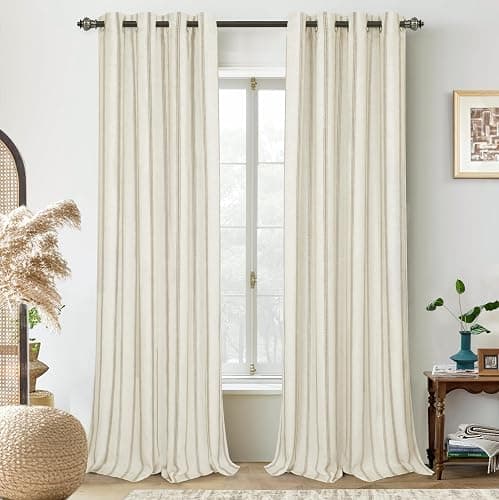 DriftAway Farmhouse Linen Blend Blackout Curtains 84 Inches Long for Bedroom Vertical Striped Printed Linen Curtains Thermal Insulated Lined Treatments for Living Room 2 Panels W52 x L84 Camel Beige - Camel Beige - 52"W x 84"L (Pack of 2) - Image 1