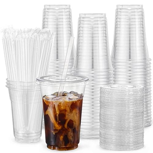 VITEVER [100 Sets - 16oz] Clear Plastic Cups with Lids and Straws, Disposable Iced Coffee Cups for Smoothie, Milkshake, Cold Drinks - BPA free - Image 1