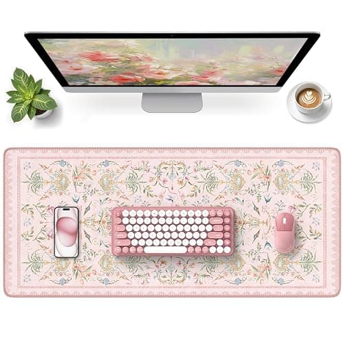 HAOCOO French Floral Desk Mat, Pink Desk Cover Mat, 35.4" x 15.7" Cute Long Mouse Pad, Aesthetic Flower Desktop Mat Accessories, Waterproof Teacher Desk Mat for Work, Study - Image 1