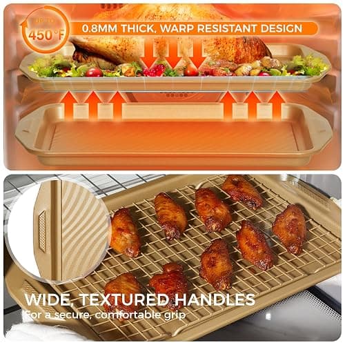 HONGBAKE 9-Piece Nonstick Bakeware Set, Wave Texture for Easy Release, 0.8mm Thick Non-Toxic Baking Pans Set, Includes Stackable Cookie Sheets, Antique Gold thumbnail 5