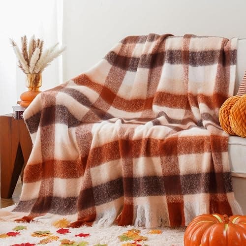 BATTILO Rust Plaid Throw Blanket for Couch Bed, Soft Mohair Tartan Plaid Blanket, Farmhouse Style Checkered Pattern, Fall Throw Blankets for Home Decor(50"x60") - Image 1