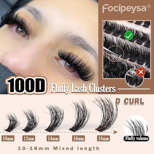 Fluffy Eyelash Extension Kit Volume Lash Clusters Kit 10-18mm Individual Lashes Clusters 100D DIY Lash Extension Kit 200pcs Clusters Lash with Bond and Remover Lash Applicator by Focipeysa thumbnail 8
