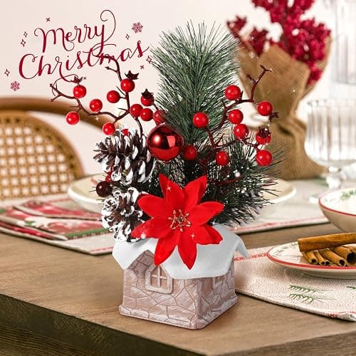 Small Christmas Tree Tabletop Artificial Mini Christmas Tree Decorations with Holiday Ornaments Red Berry Pine Cone Greenery for Home Indoor Fireplace Mantel Xmas Decor (Cabin-Red Flowers) thumbnail 2