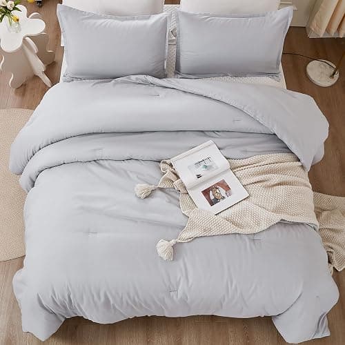 Litanika Light Grey Comforter Full Size, 3 Pieces Lightweight Solid Bedding Comforter Set, All Season Fluffy Bed Set (79x90In Comforter & 2 Pillowcases) - Full (79"x90") - 07 - Light Grey thumbnail 4