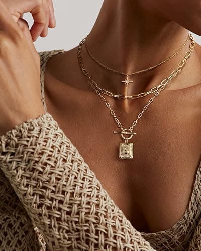 MJartoria Layered Initial Necklaces for Women Trendy, 14K Gold Plated Brass Simple Star Choker Square Letter Pendant Necklace, Paperclip Chain Necklaces Jewelry Gifts thumbnail 8