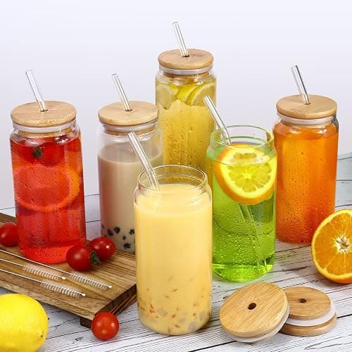 Glass Cup with Lids and Straw, 16oz Glasses Cups with Bamboo Lids and Straws Set of 6 Beer Glass Iced Coffee Glasses Cute Tumbler Cup for Fruit Juice, Smoothie, Boba Tea, Water thumbnail 4