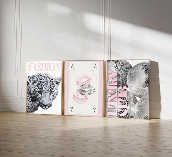 Pink Trendy Leopard Preppy Wall Art Funky Black Cheetah Picture Wall Decor Luxury Club Fashion Disco Ball Ace of Spades Painting Aesthetic Poster Print Artwork for Living Room Bedroom Dorm Apartment thumbnail 5