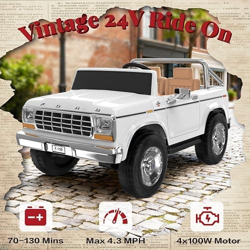 ANPABO Licensed Ford F-150 24V 2 Seater Ride on Car for Kids, White | Retro all-terrain 24v ride on toys for ages 3-8 w/parent remote, 4x100w motors, 3 speeds, large storage trunk & music player thumbnail 3