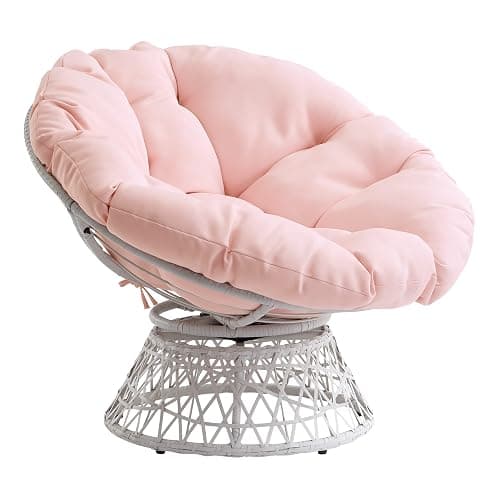 OSP Home Furnishings Wicker Papasan Chair with 360-Degree Swivel, Cream Frame with Pink Cushion - Image 1