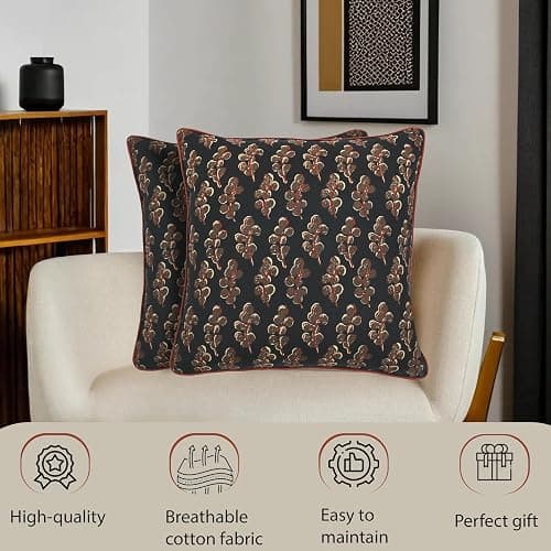 Ridhi Hand Block Print 18x18 Black Decorative Outdoor Couch Throw Canvas Pillow Cover Set of 2 Washable Modern Vintage Boho Chic Spring Home Decor GIFS Cover thumbnail 6