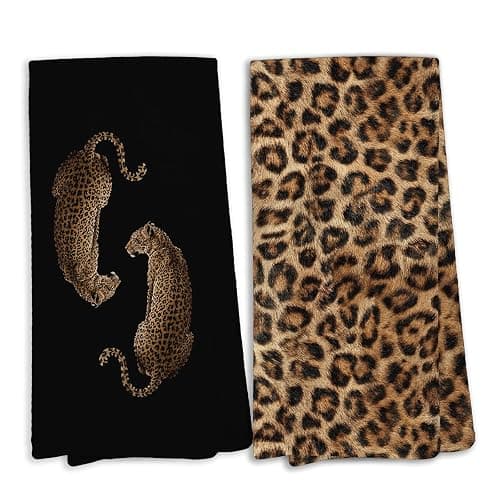 KTYHD Black Cheetah Leopard Kitchen Dish Towels Decor 16x24in Set of 2 | Cheetah Bathroom Decor, Retro Trendy Maximalist Wild Animal Hand Towels for Bathroom, Leopard Print Gifts for Women - Image 1