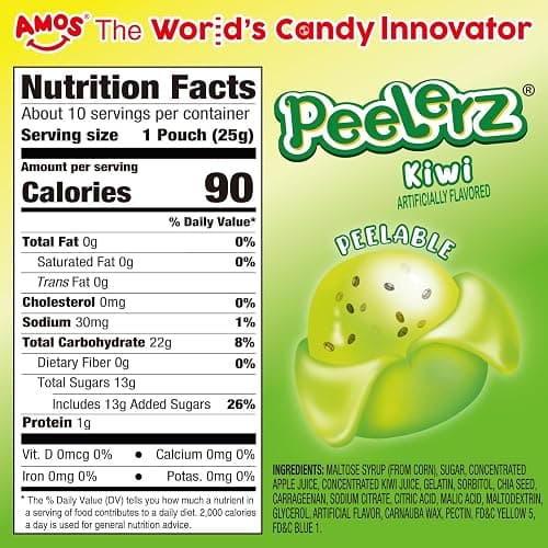 AMOS Peelerz Kiwi Gummy Candy, Peelable Naturally Flavored Fruit-Inspired Easter Candy, 8.47oz Box with 10 Individual Packs – Playful Kiwi Snack with Chia Seeds, Made with Real Juice thumbnail 3