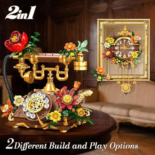 PLAXSOON Flowers Retro Telephone Clock Building Set, 2 in 1 Collectible Vintage Phone Model Building Block Kit with Realistic Design, 882 PCS Home Office Decor, Gift for Adults Teens Girls Boys 12+ thumbnail 2