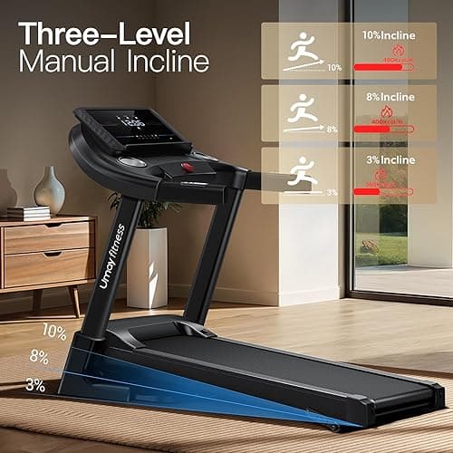UMAY Fitness Home Folding Incline Treadmill with Pulse Sensors, 3.0 HP Quiet Brushless, 300 lbs Capacity (Black or Gray) - BLACK WITH 10% Incline thumbnail 2