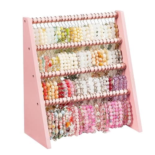 Bellaownia 4 Tier Bracelet Holder Stand with 100 Hooks, Wooden Bracelet Display Organizer Rack for Jewelry, Home, Vendors and Store Display (Pink) - Image 1