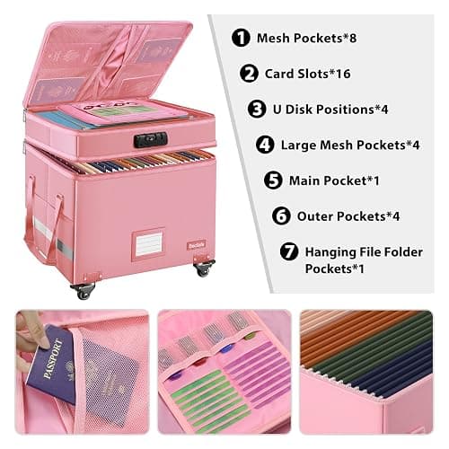 DocSafe File Box with Lock,2-Layer Fireproof Document Box with Wheels,Collapsible Rolling File Storage Organizer with Pockets,Large Portable Home Office Filing Cabinet Safe for Hanging Folders,Pink thumbnail 3