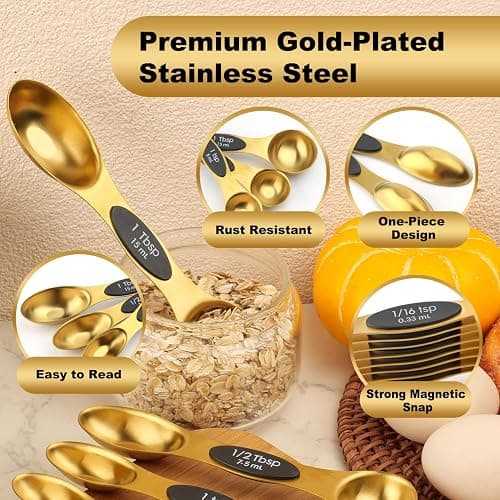 Gold Magnetic Measuring Spoons Set Stainless Steel with Leveler, Dual-Sided Stackable Metal Measuring Spoons for Baking & Cooking, Fits in Spice Jars, Heavy Duty Kitchen Gadgets, 8 Spoons & 1 Leveler thumbnail 3