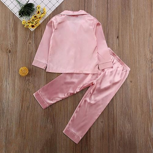 Toddler Baby Kids Satin Pajamas Set, Long Sleeve Button-Down Sleepwear PJs for Girls thumbnail 7