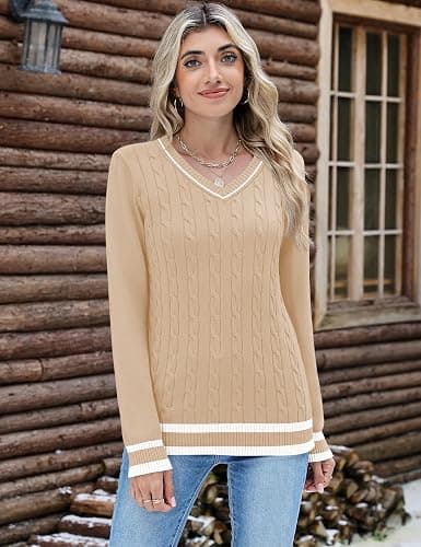 Kistore Jumpers for Women UK Long Sleeve Tops V Neck Cable Knit Pullover Sweater Lightweight Tunic Shirt thumbnail 4