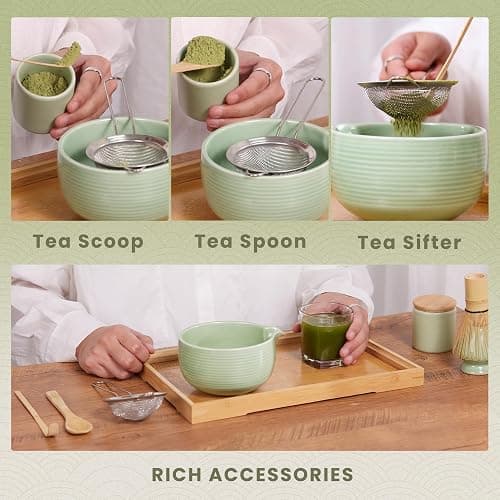 RANERANE Matcha Whisk and Bowl with Ceramic Matcha Whisk Holder,Matcha Sifter, Matcha Spoon and Scoop Handmade from Natural Bamboo,Matcha Making Kit Cyan, Normal, ZYMC6Pcs01-Cyan thumbnail 6