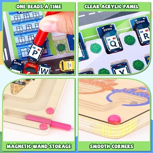 wakeInsa 2 in 1 Magnetic Color and Number Maze,Montessori Toy for 3-6 Years Old,Wooden Magnet Balls Puzzles,Toddler Busy Board Game,Preschool Learning Activities,Christmas & Birthday Gift for Kids - Magnet Toys - Ice Cream + Parking Lot thumbnail 4