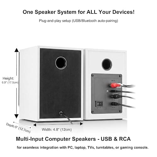 NSY Audio Powered Bluetooth Bookshelf Speakers for Mac/PC Gaming & Music |  Max 60W Active Studio Monitor with Bass & RCA/AUX Input, Wireless Audio for Desktop Computer, Laptop, White Pair thumbnail 5