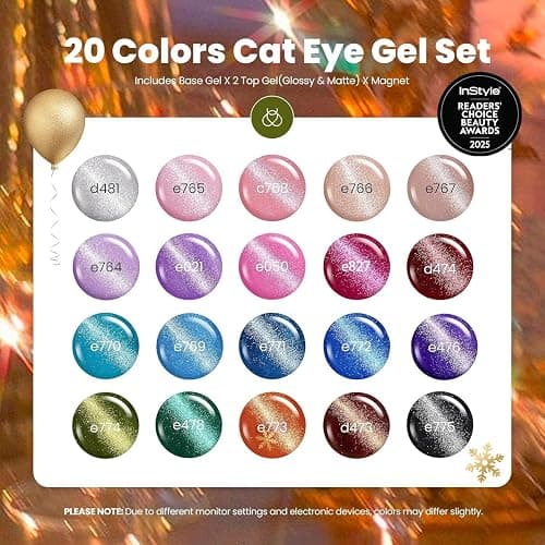 Beetles Cat Eye Gel Nail Polish Set - 20 Colors Christmas Glitter Red Green Blue Brown Black Cat Eye Magnetic Base Matte Glossy Top Coat Galaxy Gemlight Soak Off UV Manicure Salon Gift for Women thumbnail 2