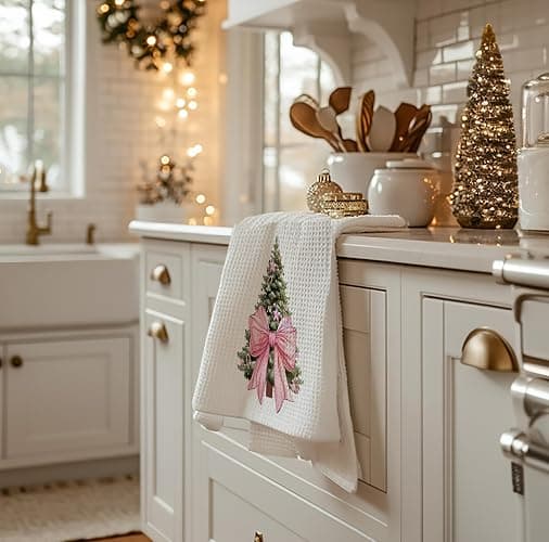 bitCNY Christmas Kitchen Towel – Pink Bow Tree Waffle Weave Dish Towel, Cute Holiday Hand Towel for Christmas Decor or Gift, 16x24 Inch thumbnail 6