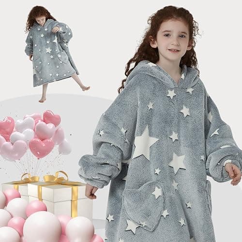 Mewkou Wearable Blanket Hoodie for Kids Oversized Sherpa Blanket Hoodie for Kids Boys Girls Teens 6-13YR,Glow in The Dark Star - Kids 6-13YR - Dark Gray thumbnail 6
