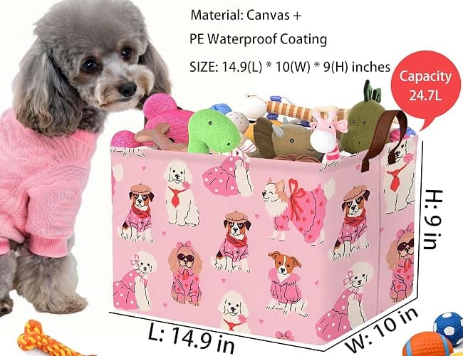 BOOHIT Pink Dog Toy Basket Collapsible Puppy Bin Storage Organizer Large Pet Box With Handles (Girl Dog) thumbnail 3