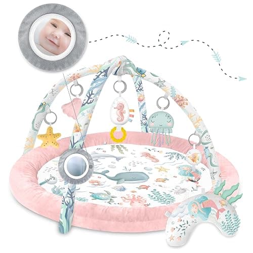 Nukido Spieldecke Mit Spielbogen Baby Spielmatte Babyspieldecke Krabbeldecke 7 Spielzeuge Und Kissen Weich Pflegeleicht Ocean Rosa - Rosa - 97 x 56 cm thumbnail 6