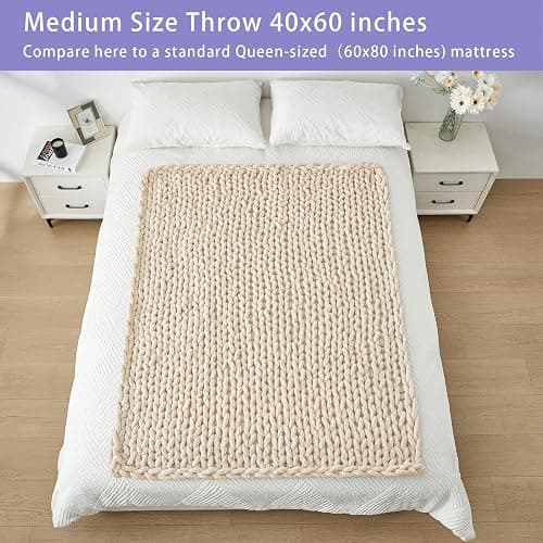 Bigacogo Chunky Knit Throw Blanket for Couch, 40x60 inches, 100% Hand Knitted with Thick Jumbo Chenille Yarn, Cozy Soft Large Rope Knot Cable Crochet Blankets for Sofa Bed Living Room, Beige thumbnail 5