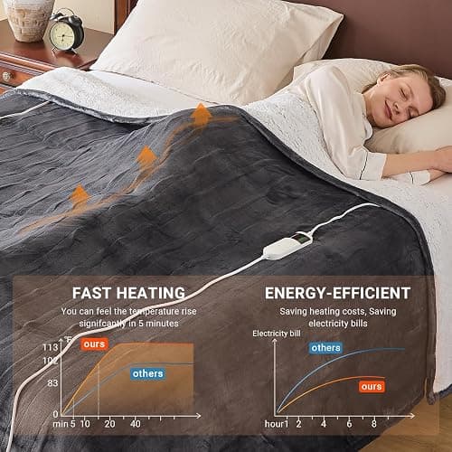 DANENOSA Electric Heated Blanket Queen Size 84''x90'' Soft Flannel & Sherpa Electric Blanket with 10 Heating Levels, Automatically Shut Down After 8h with Overheat Protection Machine Washable thumbnail 5