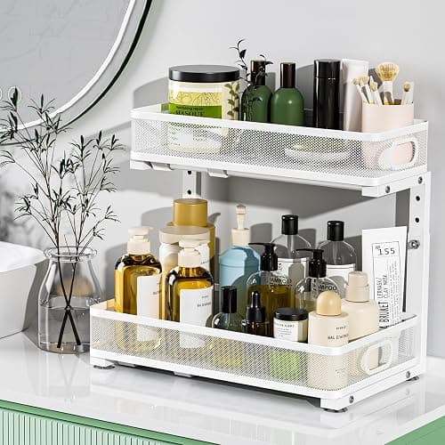 Under Sink Organizer, High Adjustable 2 Tier Under Sink Organizers and Storage, Slide Out Metal Cabinet Organizers, Pull Out Sink Storage Drawer Shelf for Kitchen Bathroom Cabinet, White, 2 Pack thumbnail 5