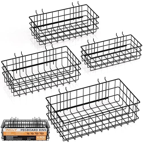 INCLY 4 Pack Pegboard Baskets Bins Set, 4 Size Square Style Black Metal Wire Basket for Any Peg Board Organizing Tools, Pegboard Accessories for Workbench Garage Wall Storage Attachments - Image 1