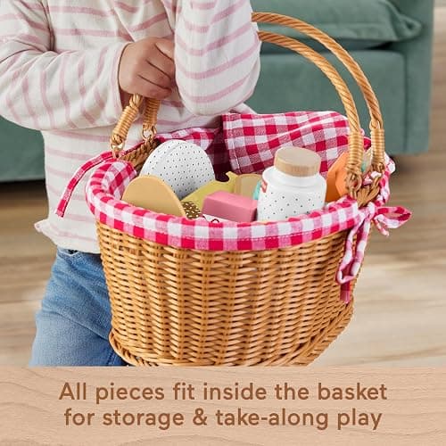 Fisher-Price Wood Pretend Play Toy Picnic Basket, 31-Piece Wooden Food Playset for Preschool Kids Ages 3+ Years thumbnail 5