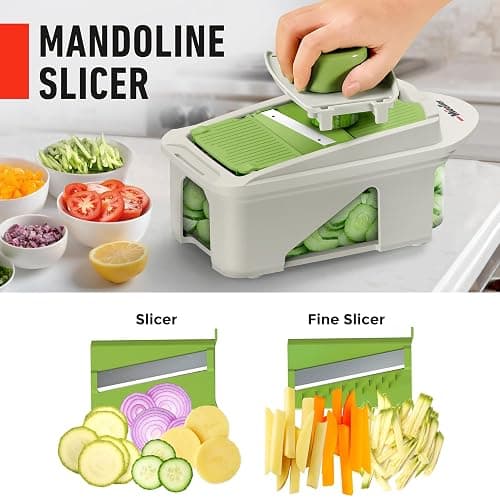 Mueller Pro-Series All-in-One, 12 Blade Mandoline Slicer for Kitchen, Food Chopper, Vegetable Slicer and Spiralizer, Cutter, Dicer, Grater, Kitchen Gadgets Sets with Container, White Sand/Pastel Green thumbnail 5
